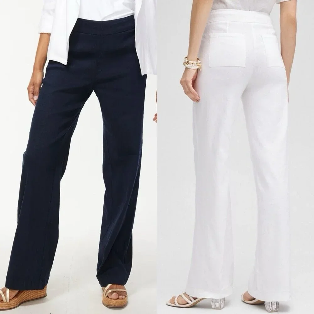 Chicos Sz 1 (8R) Wide Leg Linen Pants Navy Blue Pull On Pockets Stretch EUC - Picture 2 of 8